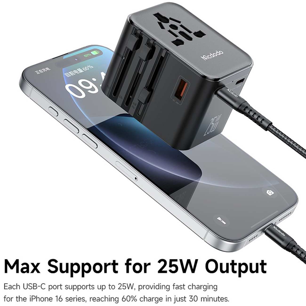 تبدیل پریز و شارژر دیواری مسافرتی USB و تایپ سی 25 وات مکدودو CP-3260 با کابل تایپ سی به تایپ سی