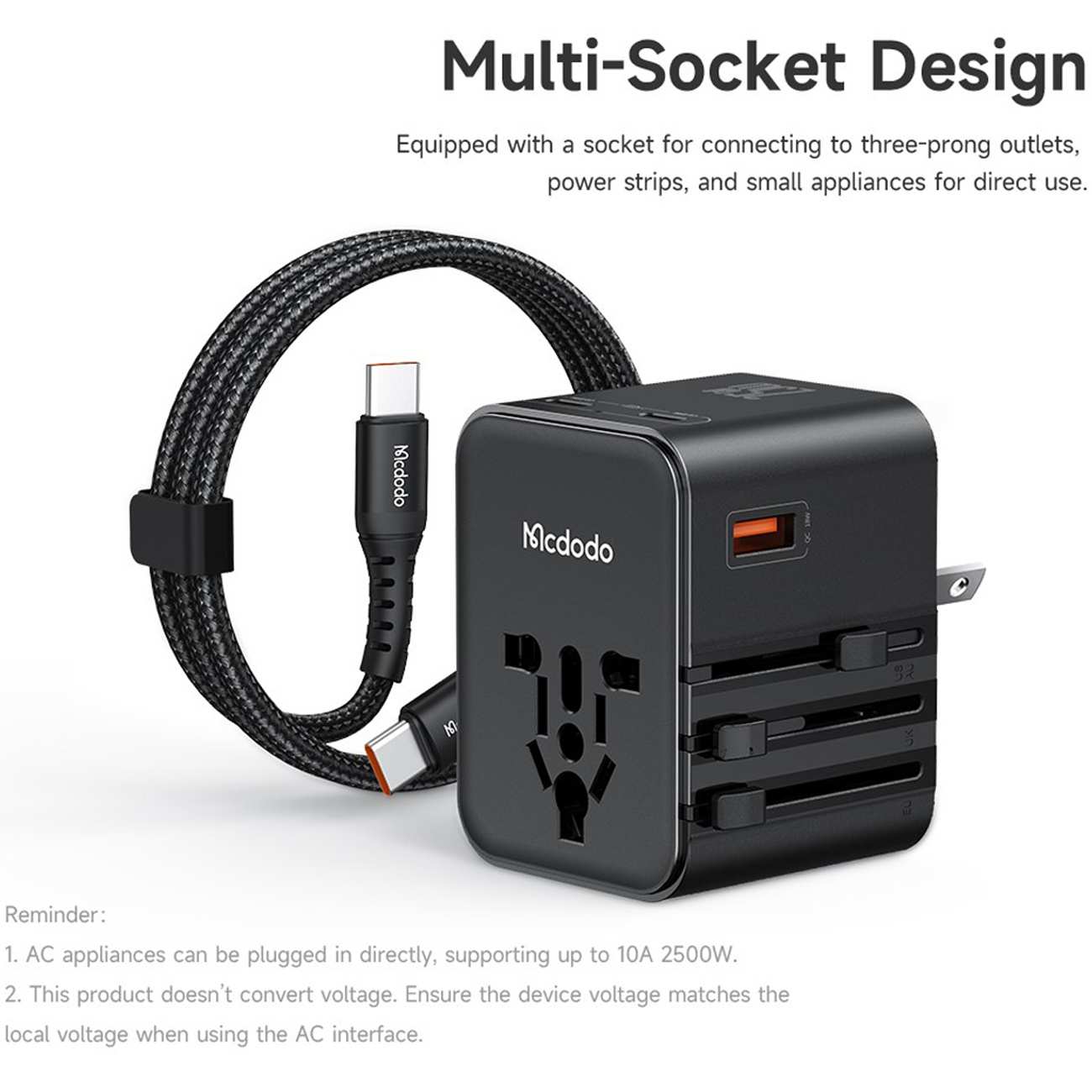 تبدیل پریز و شارژر دیواری مسافرتی USB و تایپ سی 25 وات مکدودو CP-3260 با کابل تایپ سی به تایپ سی