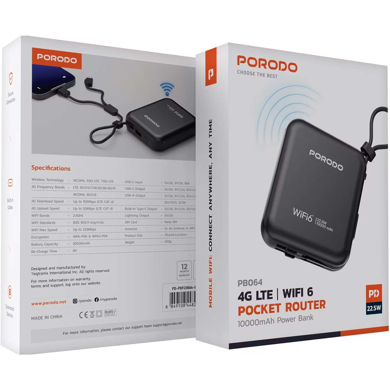 مودم همراه 4G LTE و پاوربانک 10000 با توان 22.5 وات پورودو PD-PBFCH064-BK