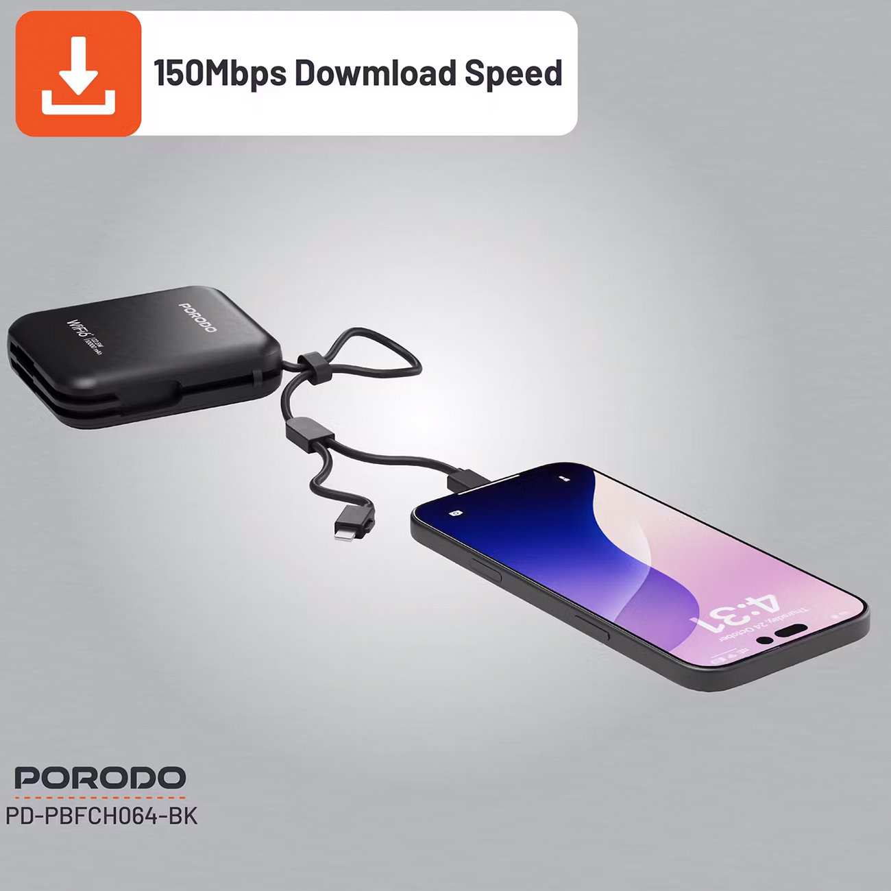 مودم همراه 4G LTE و پاوربانک 10000 با توان 22.5 وات پورودو PD-PBFCH064-BK