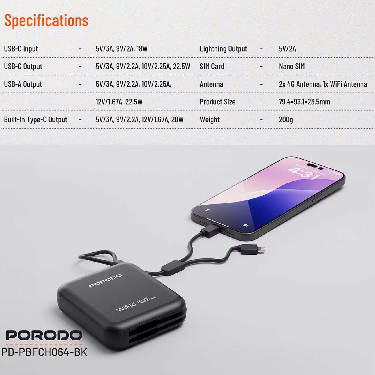 مودم همراه 4G LTE و پاوربانک 10000 با توان 22.5 وات پورودو PD-PBFCH064-BK