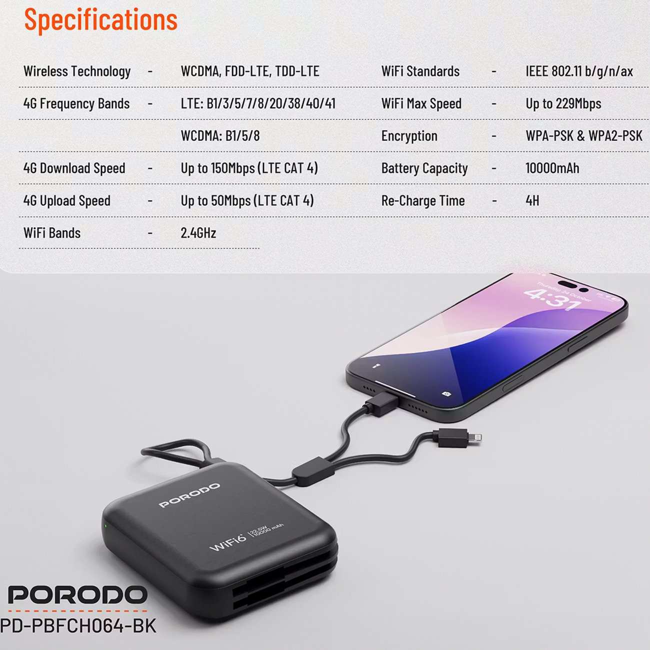 مودم همراه 4G LTE و پاوربانک 10000 با توان 22.5 وات پورودو PD-PBFCH064-BK