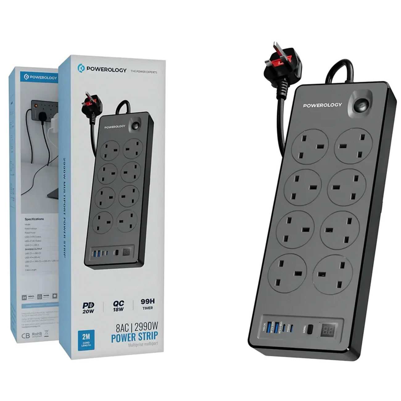 چند راهی برق 8 سوکت 2990 وات، دو USB و دو تایپ سی پاورولوژی PWCUQC047BK