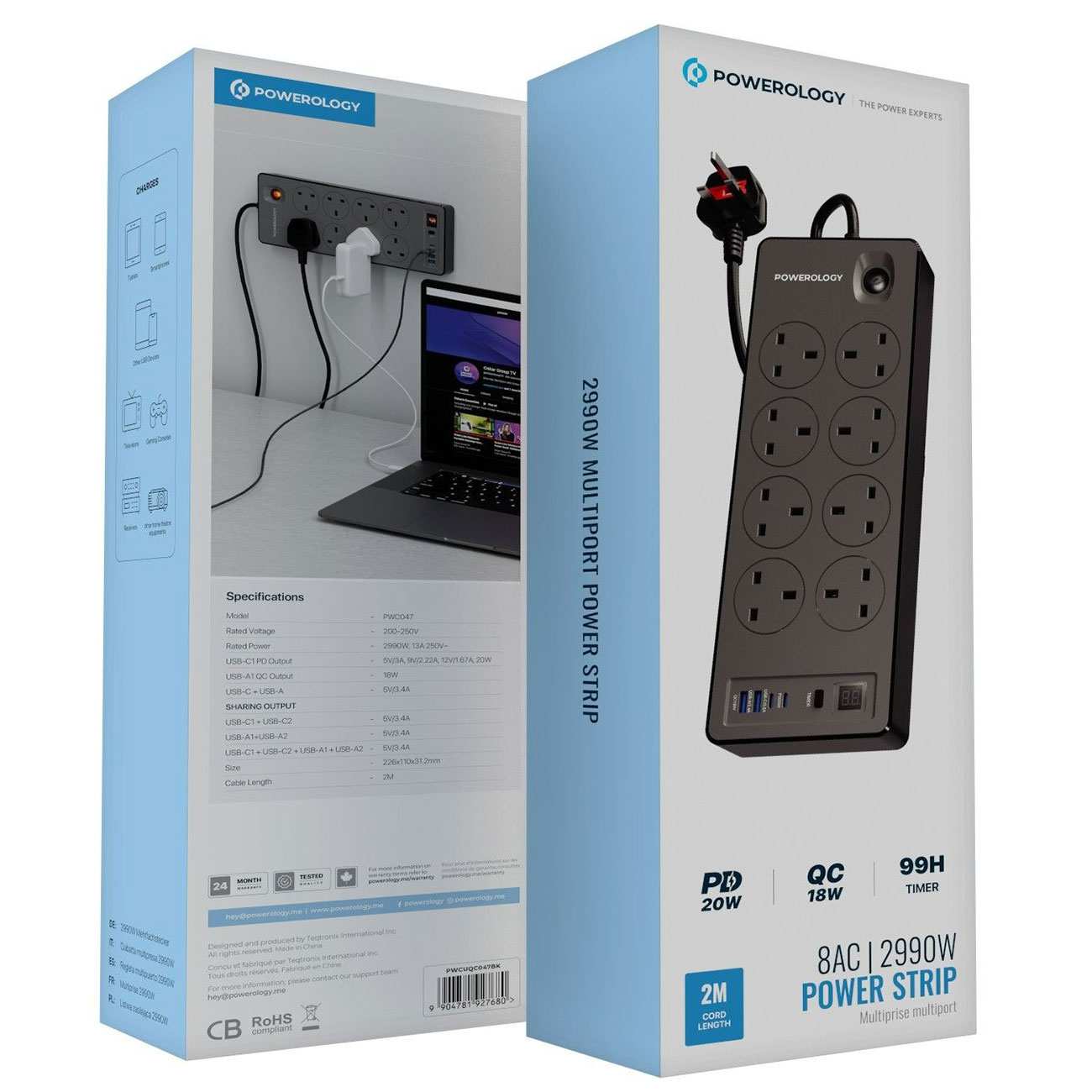 چند راهی برق 8 سوکت 2990 وات، دو USB و دو تایپ سی پاورولوژی PWCUQC047BK
