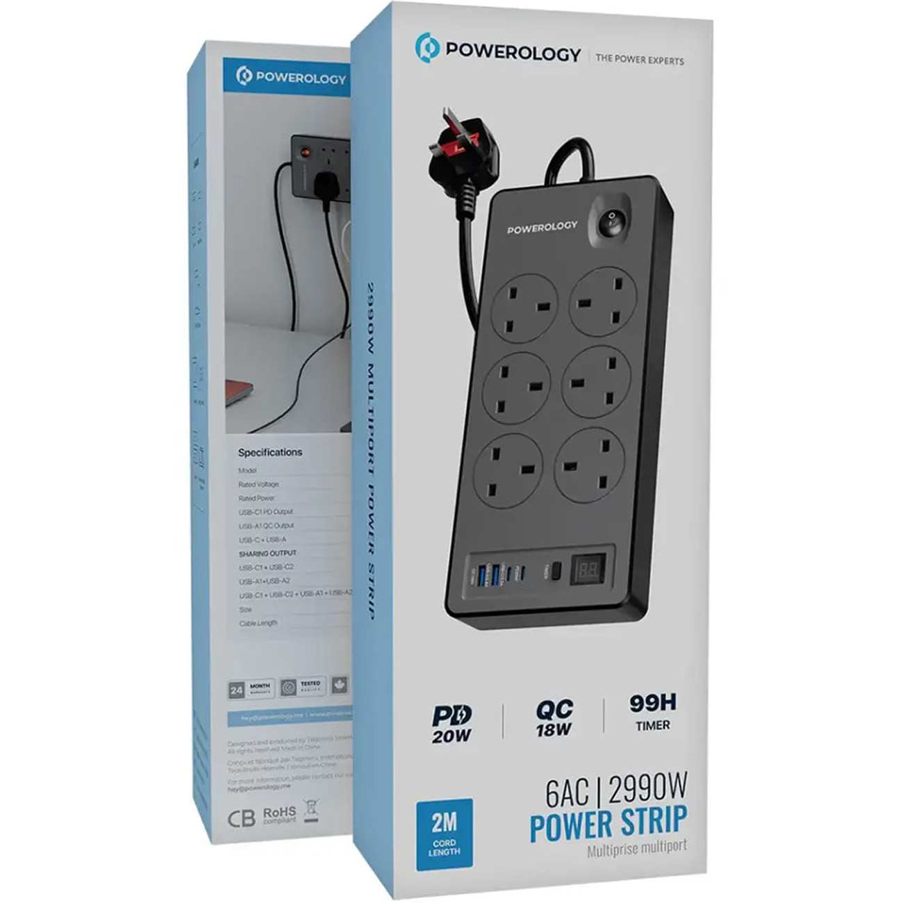 چند راهی و محافظ برق 2990 وات 6 سوکت، 2*USB و 2*type-c پاورولوژی PWC046