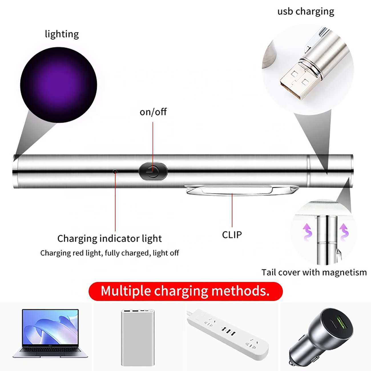 چراغ قوه شارژی کوچک گیره دار اسمایلینگ شارک SmilingShark 9188 با نور بنفش UV