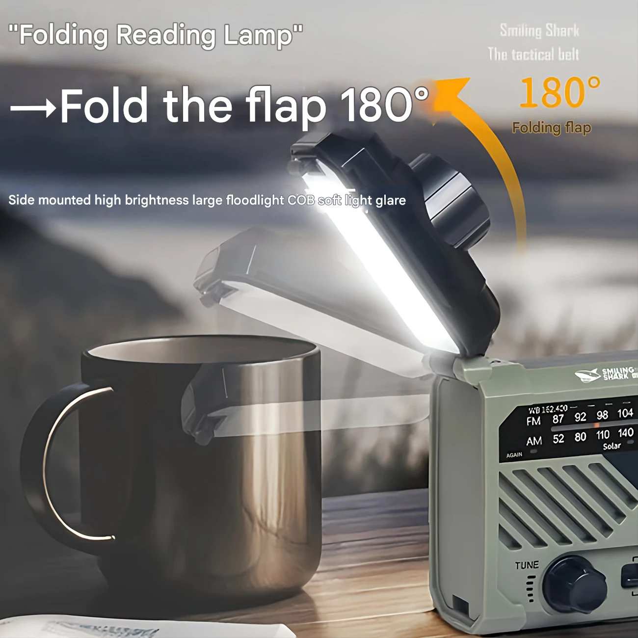 چراغ قوه شارژی و لامپ کمپینگ خورشیدی ضدآب چندمنظوره اسمایلینگ شارک Smiling Shark YJ-D290 با رادیو، پاوربانک و ژنراتور دستی