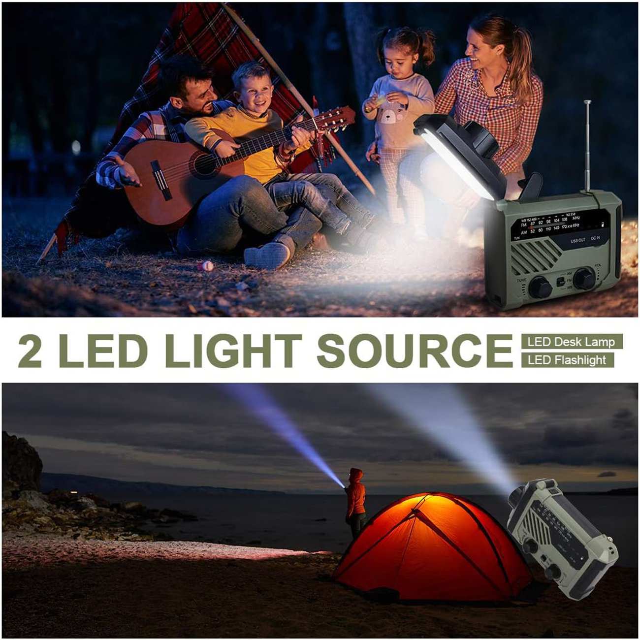 چراغ قوه شارژی و لامپ کمپینگ خورشیدی ضدآب چندمنظوره اسمایلینگ شارک Smiling Shark YJ-D290 با رادیو، پاوربانک و ژنراتور دستی