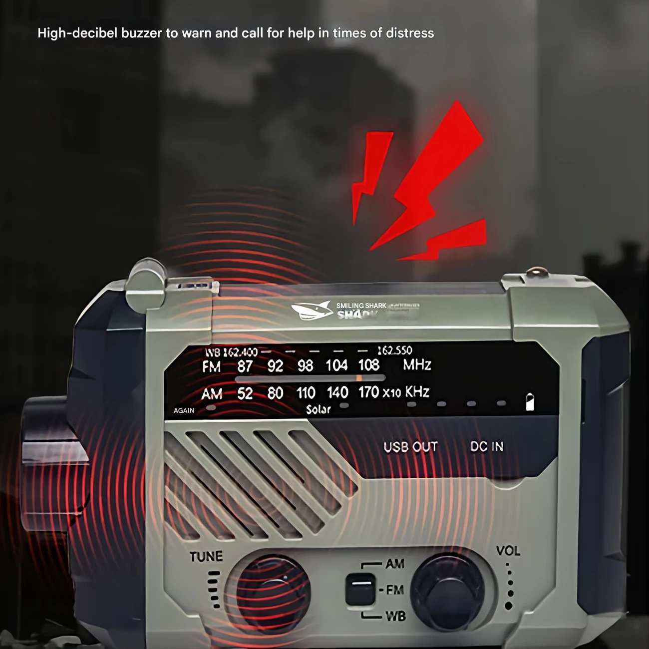 چراغ قوه شارژی و لامپ کمپینگ خورشیدی ضدآب چندمنظوره اسمایلینگ شارک Smiling Shark YJ-D290 با رادیو، پاوربانک و ژنراتور دستی