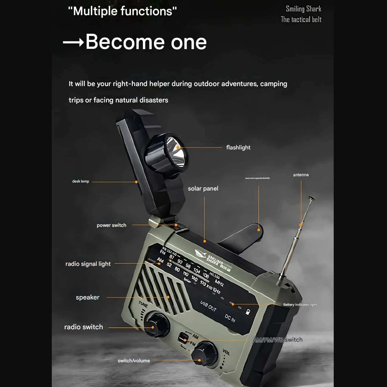 چراغ قوه شارژی و لامپ کمپینگ خورشیدی ضدآب چندمنظوره اسمایلینگ شارک Smiling Shark YJ-D290 با رادیو، پاوربانک و ژنراتور دستی