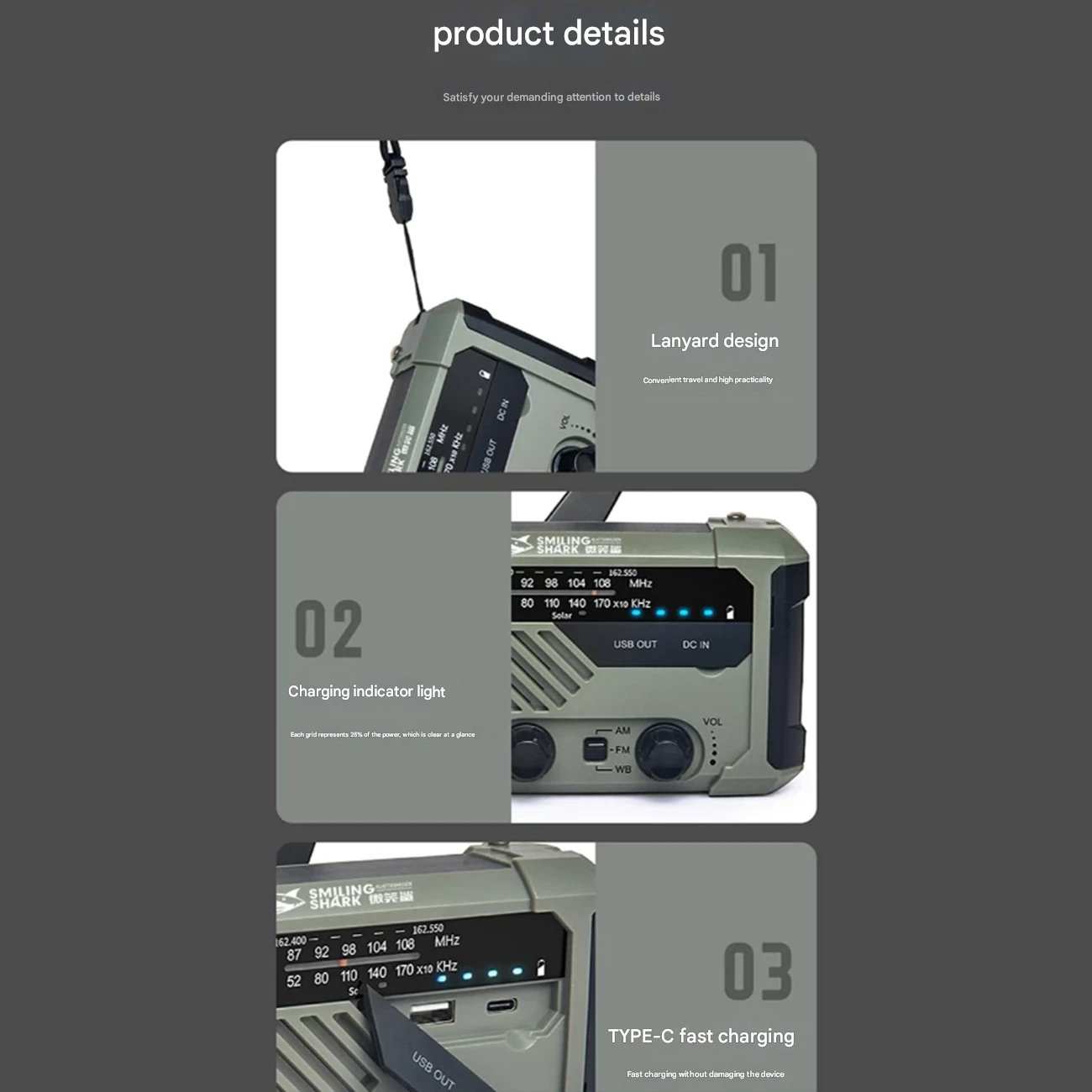 چراغ قوه شارژی و لامپ کمپینگ خورشیدی ضدآب چندمنظوره اسمایلینگ شارک Smiling Shark YJ-D290 با رادیو، پاوربانک و ژنراتور دستی