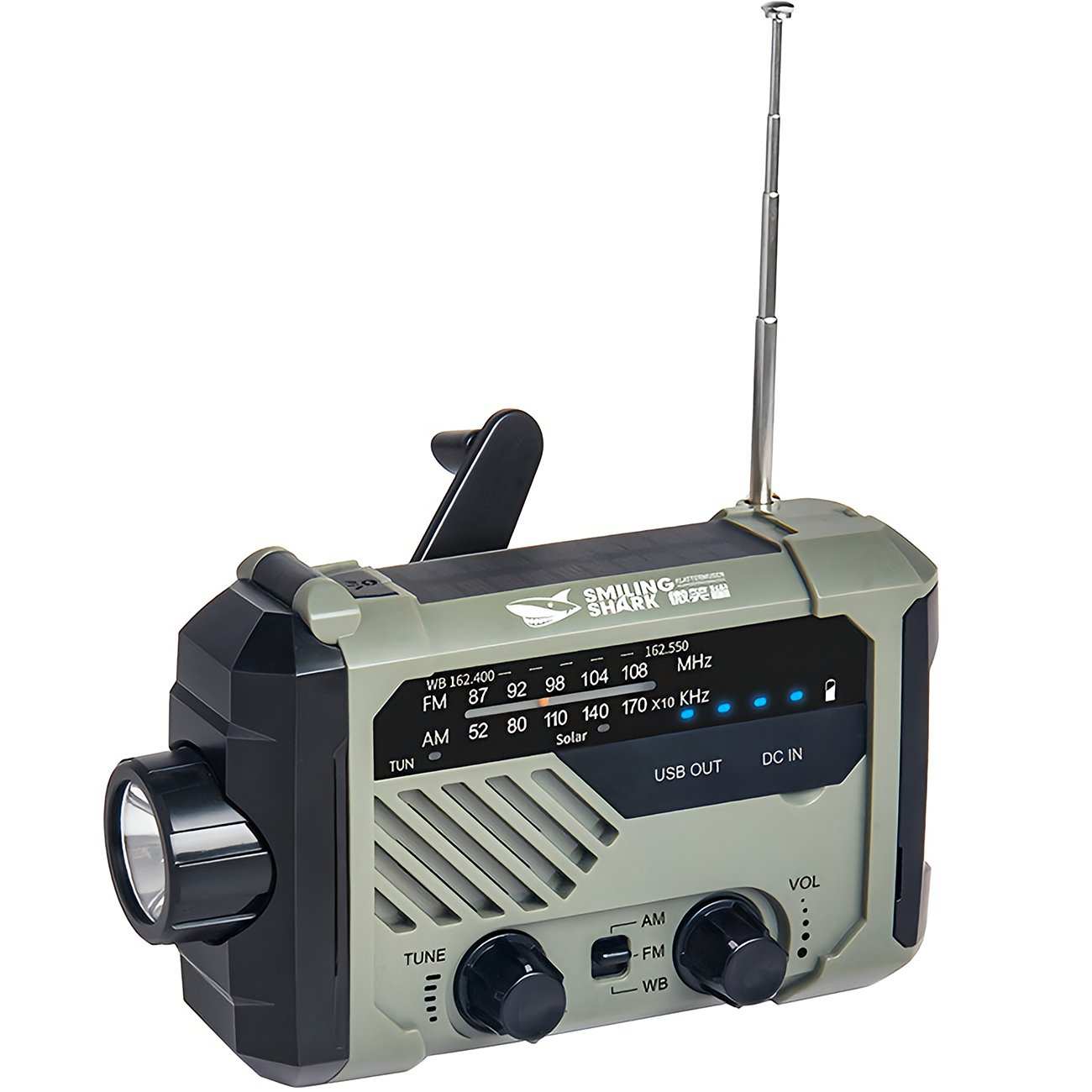 چراغ قوه شارژی و لامپ کمپینگ خورشیدی ضدآب چندمنظوره اسمایلینگ شارک Smiling Shark YJ-D290 با رادیو، پاوربانک و ژنراتور دستی