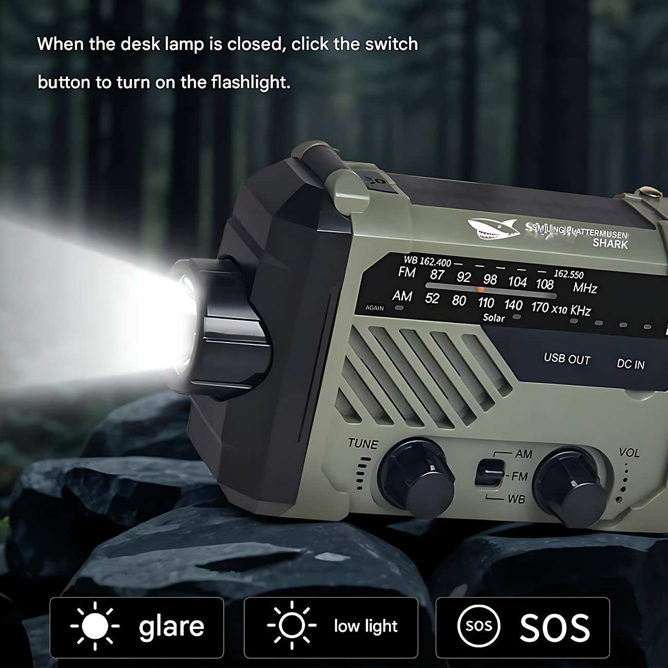 چراغ قوه شارژی و لامپ کمپینگ خورشیدی ضدآب چندمنظوره اسمایلینگ شارک Smiling Shark YJ-D290 با رادیو، پاوربانک و ژنراتور دستی