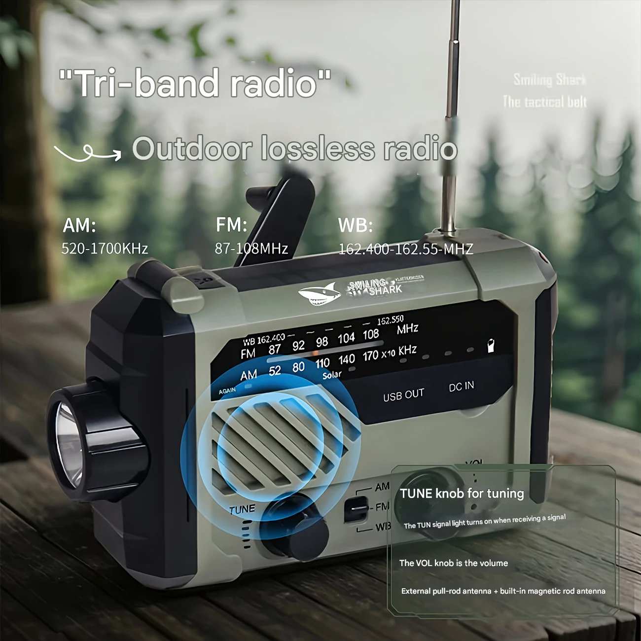 چراغ قوه شارژی و لامپ کمپینگ خورشیدی ضدآب چندمنظوره اسمایلینگ شارک Smiling Shark YJ-D290 با رادیو، پاوربانک و ژنراتور دستی