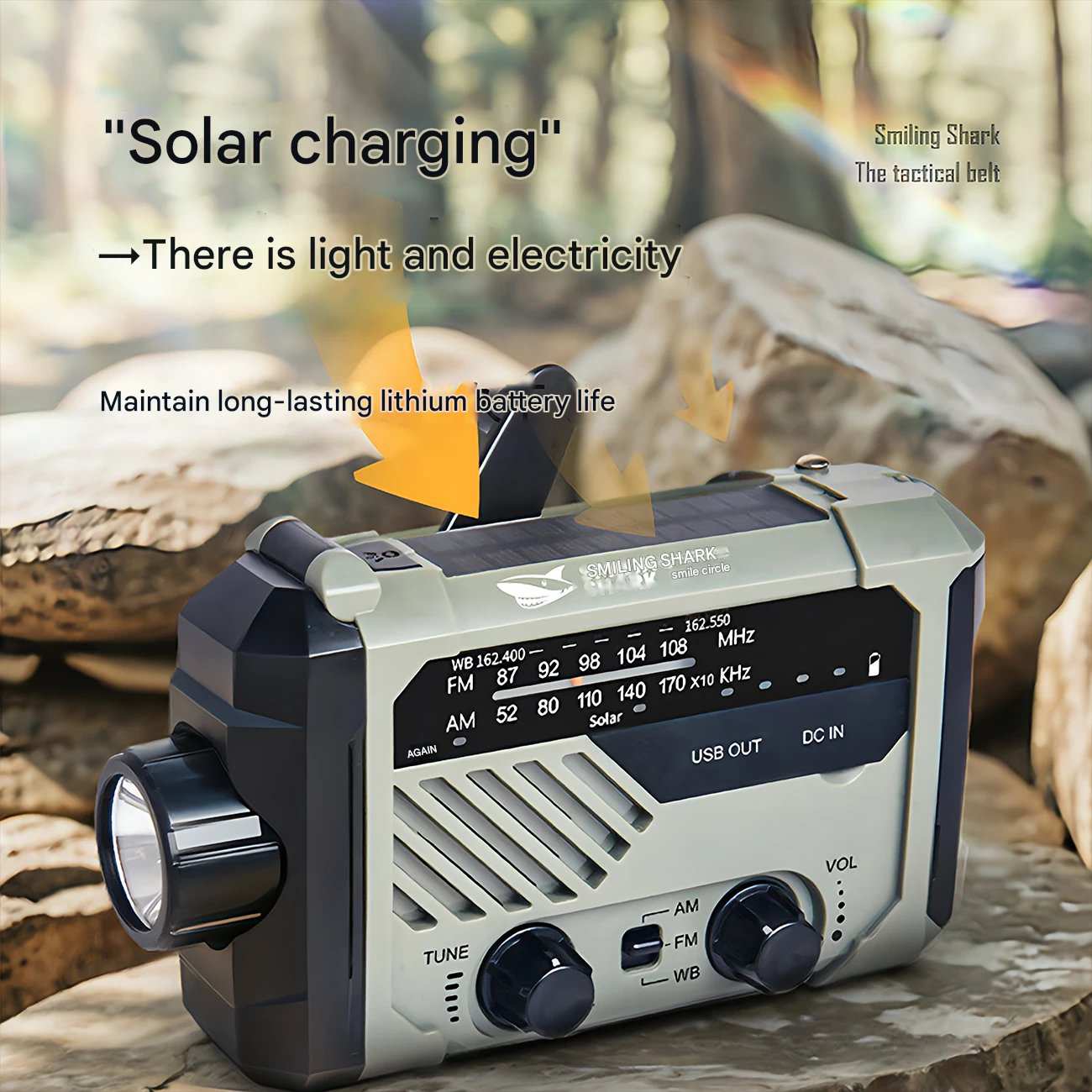 چراغ قوه شارژی و لامپ کمپینگ خورشیدی ضدآب چندمنظوره اسمایلینگ شارک Smiling Shark YJ-D290 با رادیو، پاوربانک و ژنراتور دستی