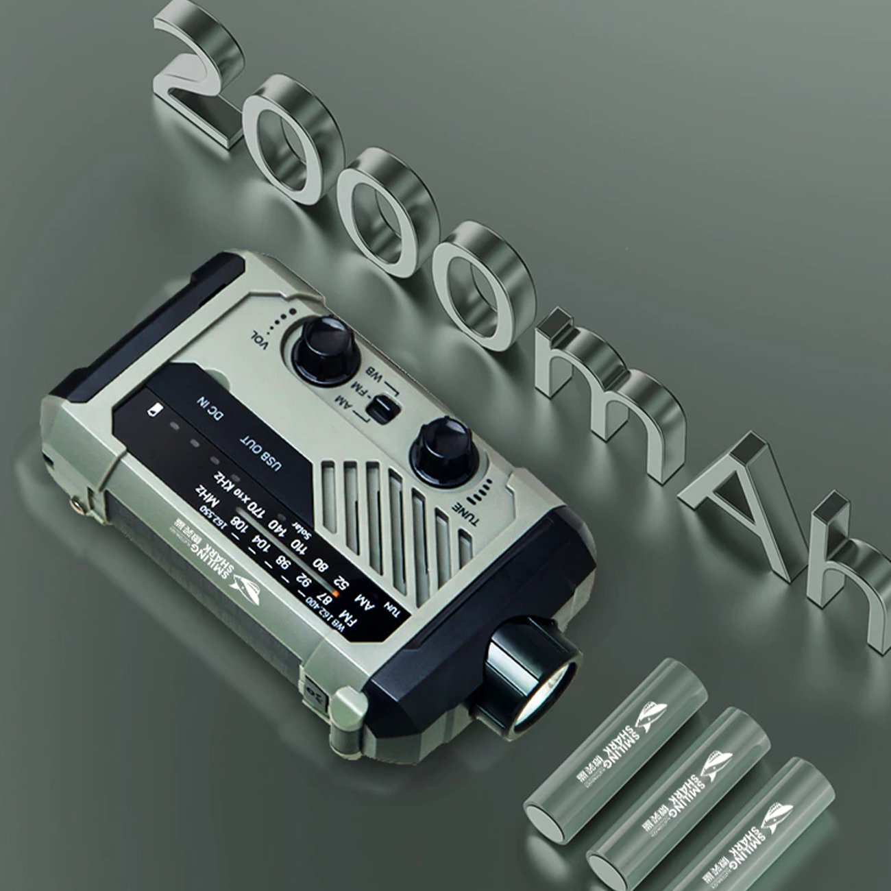 چراغ قوه شارژی و لامپ کمپینگ خورشیدی ضدآب چندمنظوره اسمایلینگ شارک Smiling Shark YJ-D290 با رادیو، پاوربانک و ژنراتور دستی