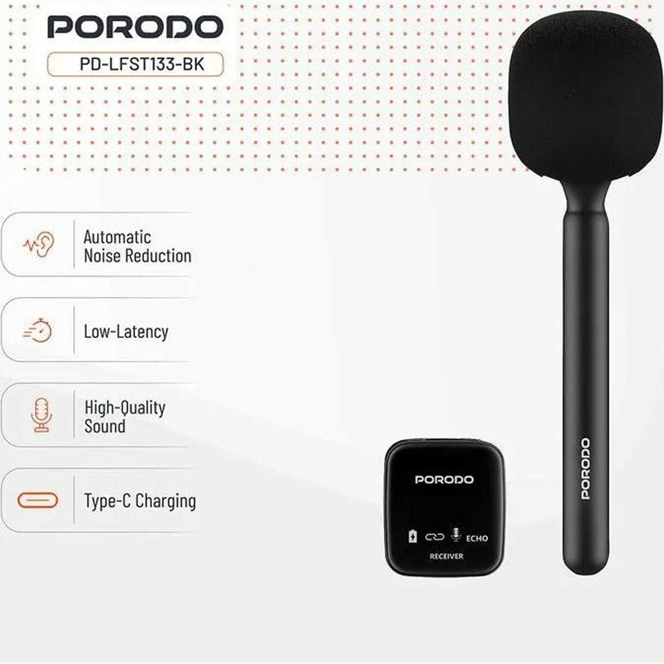میکروفون بیسیم دستی پورودو Porodo PD-LFST133-BK با اتصال همزمان دو دستگاه