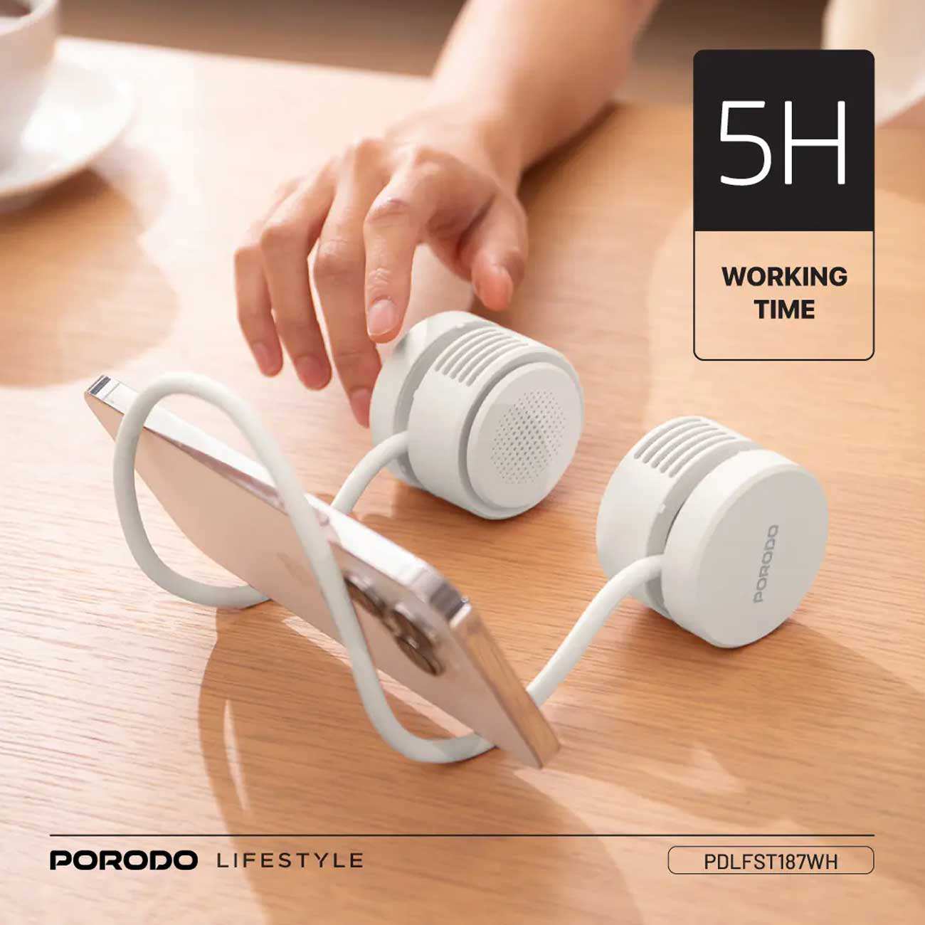 پنکه گردنی شارژی بدون پره و هولدر موبایل رومیزی پورودو Porodo PDLFST187WH