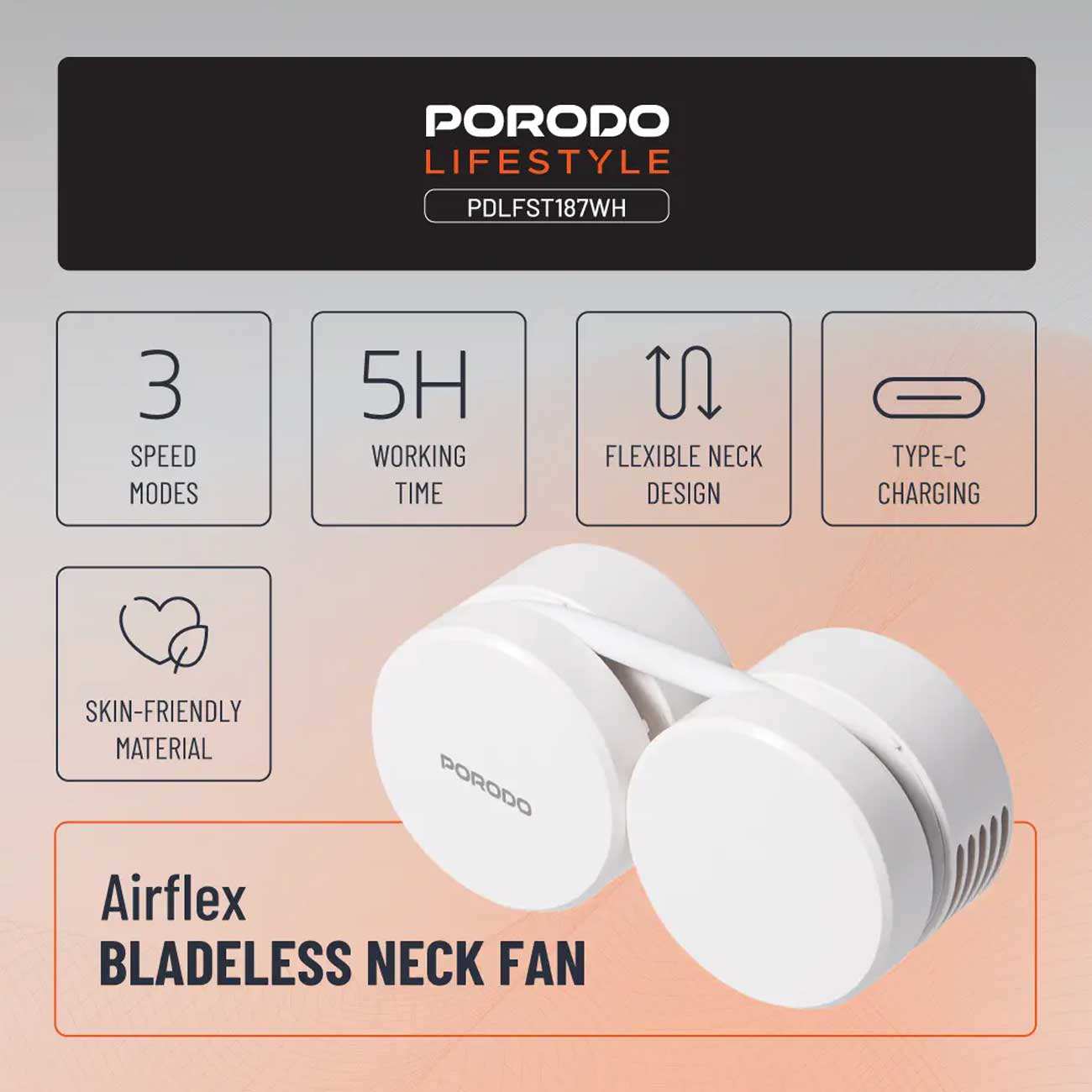 پنکه گردنی شارژی بدون پره و هولدر موبایل رومیزی پورودو Porodo PDLFST187WH