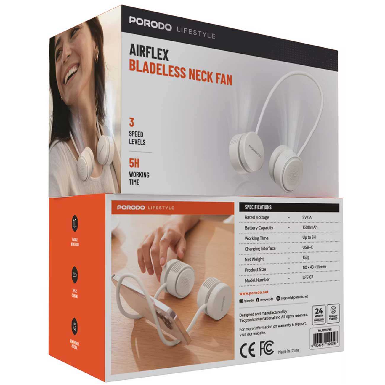 پنکه گردنی شارژی بدون پره و هولدر موبایل رومیزی پورودو Porodo PDLFST187WH