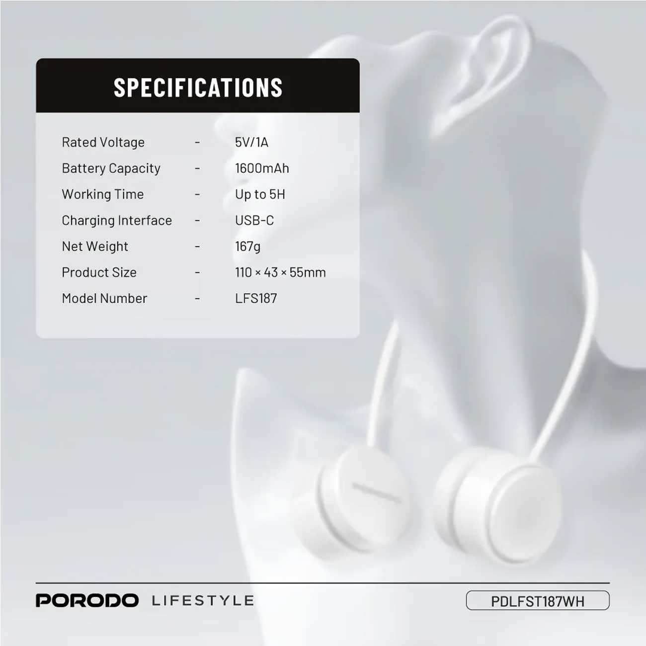 پنکه گردنی شارژی بدون پره و هولدر موبایل رومیزی پورودو Porodo PDLFST187WH