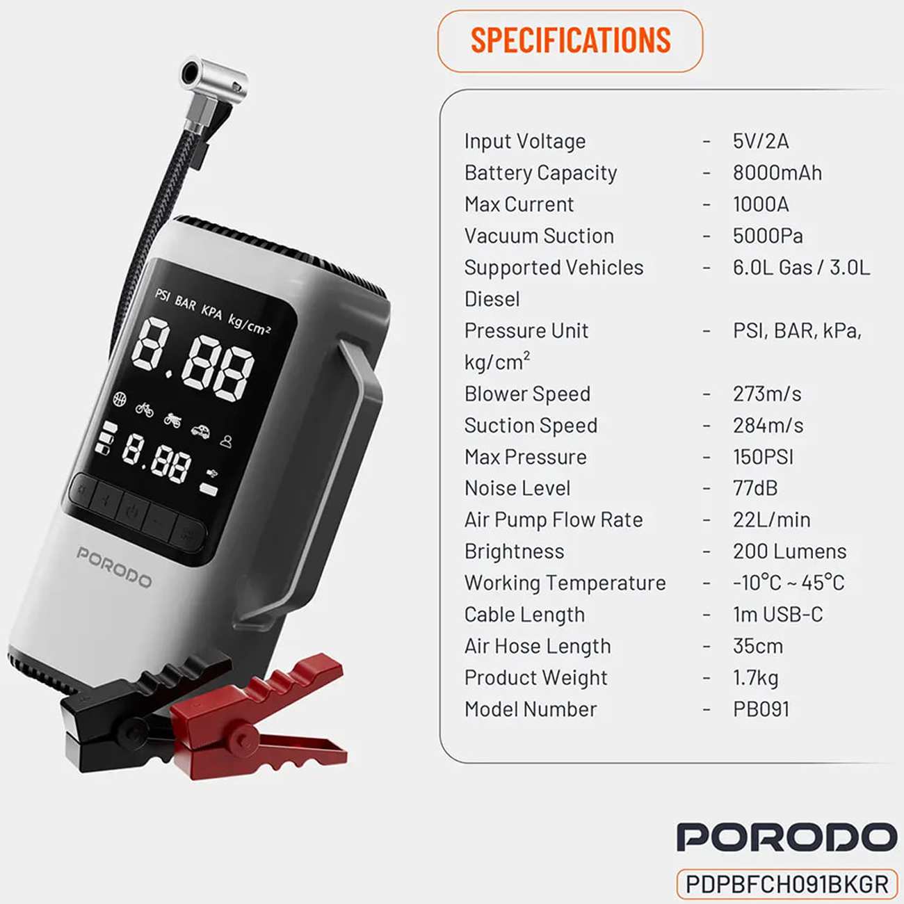 جامپ استارتر و پاوربانک 6 کاره پورودو Porodo PDPBFCH091BKGR