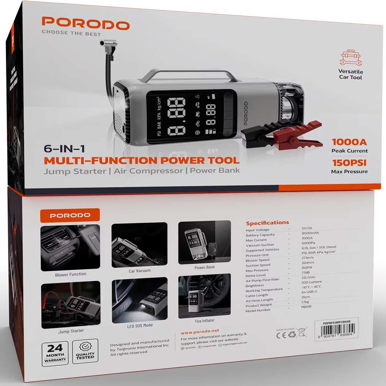 جامپ استارتر و پاوربانک 6 کاره پورودو Porodo PDPBFCH091BKGR