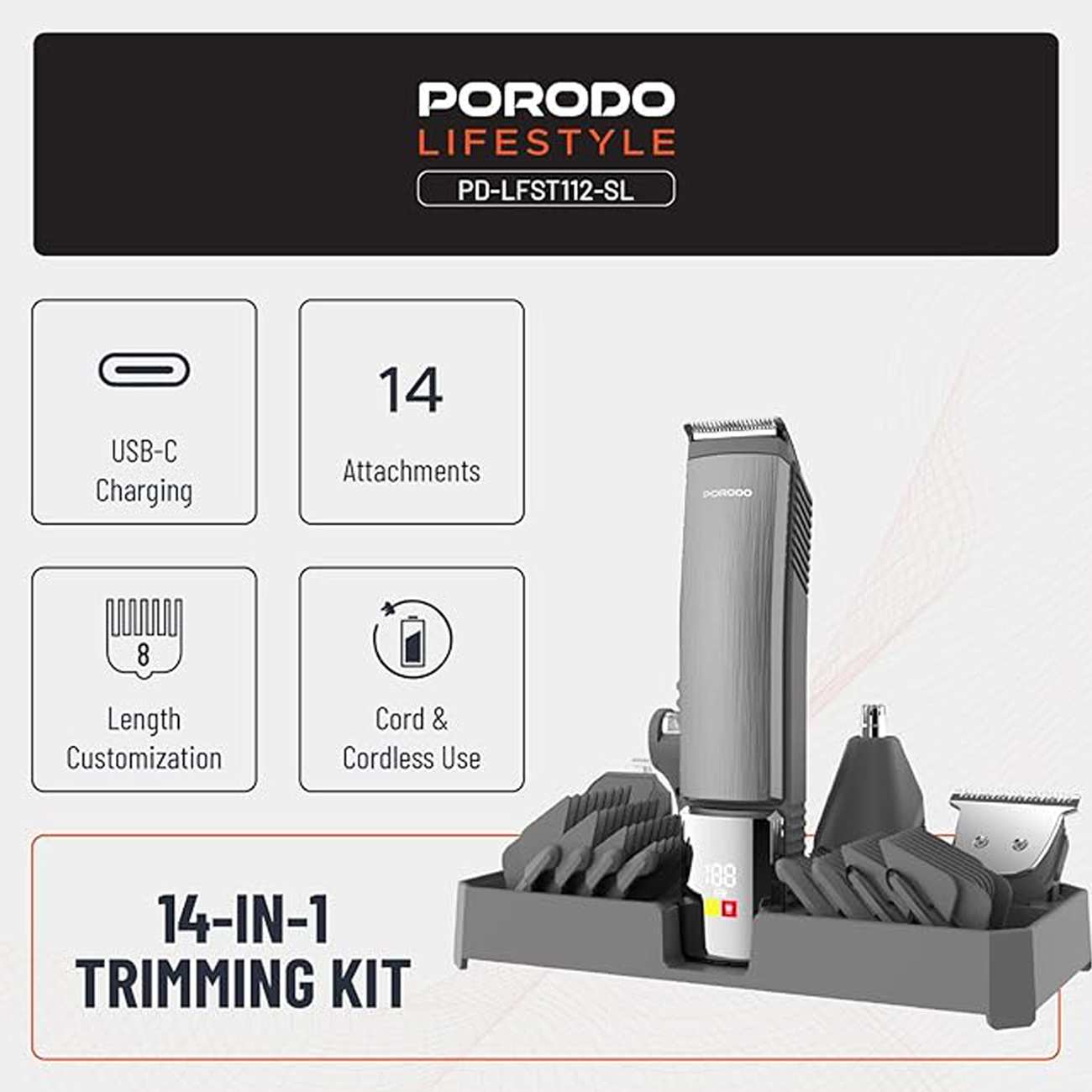 ست ریش تراش و ماشین اصلاح شارژی 14 کاره پورودو Porodo PD-LFST112-SL