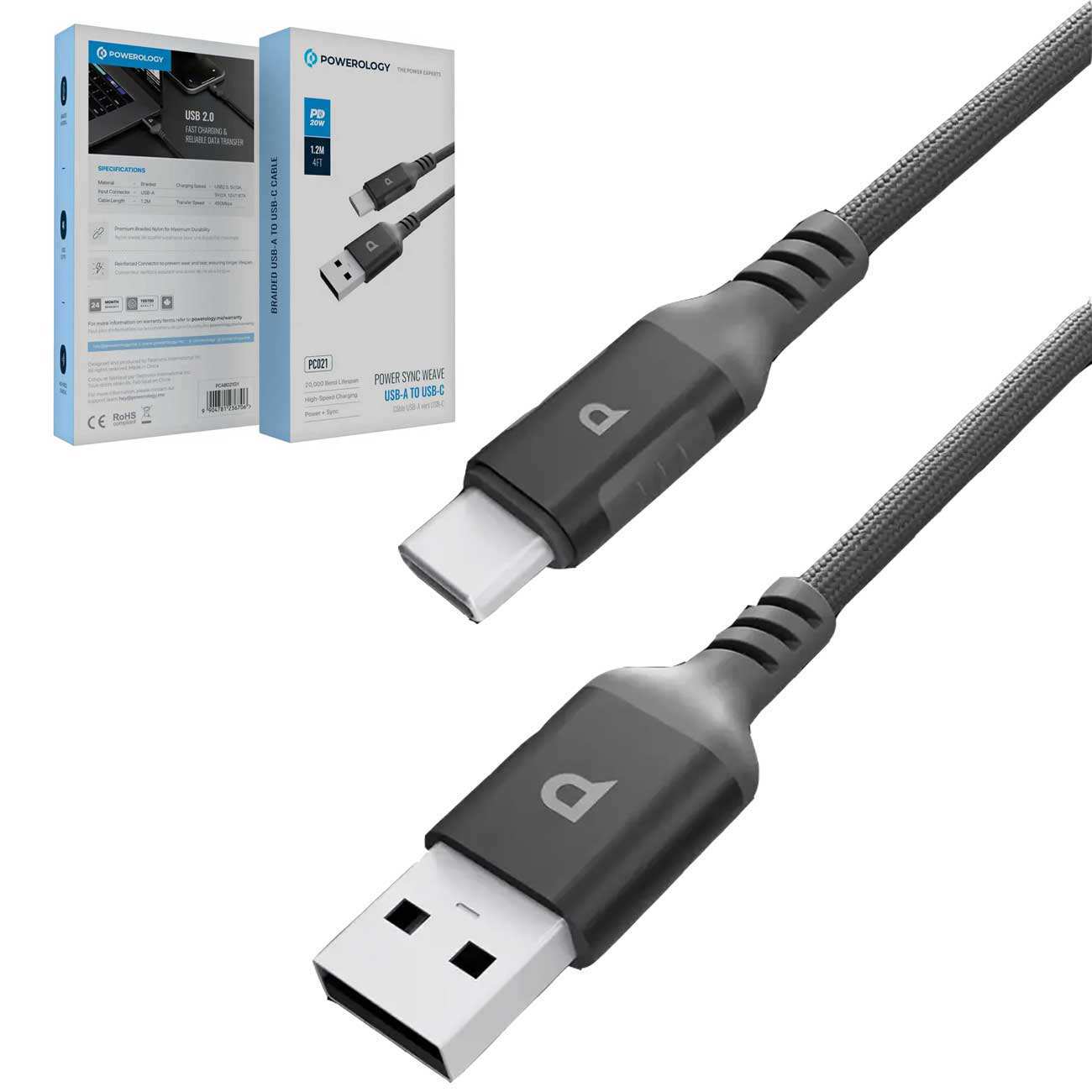 کابل شارژ و انتقال داده یو اس بی به تایپ سی 20 وات 1.2 متری پاورولوژی Powerology PCAB022GY