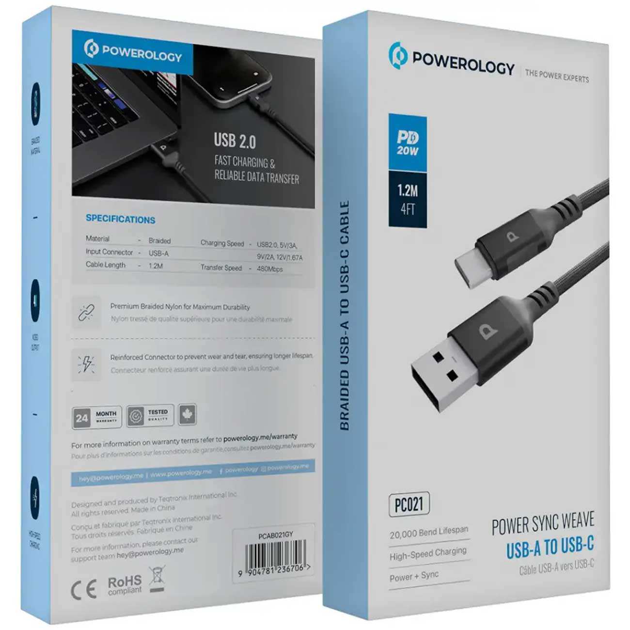 کابل شارژ و انتقال داده یو اس بی به تایپ سی 20 وات 1.2 متری پاورولوژی Powerology PCAB022GY