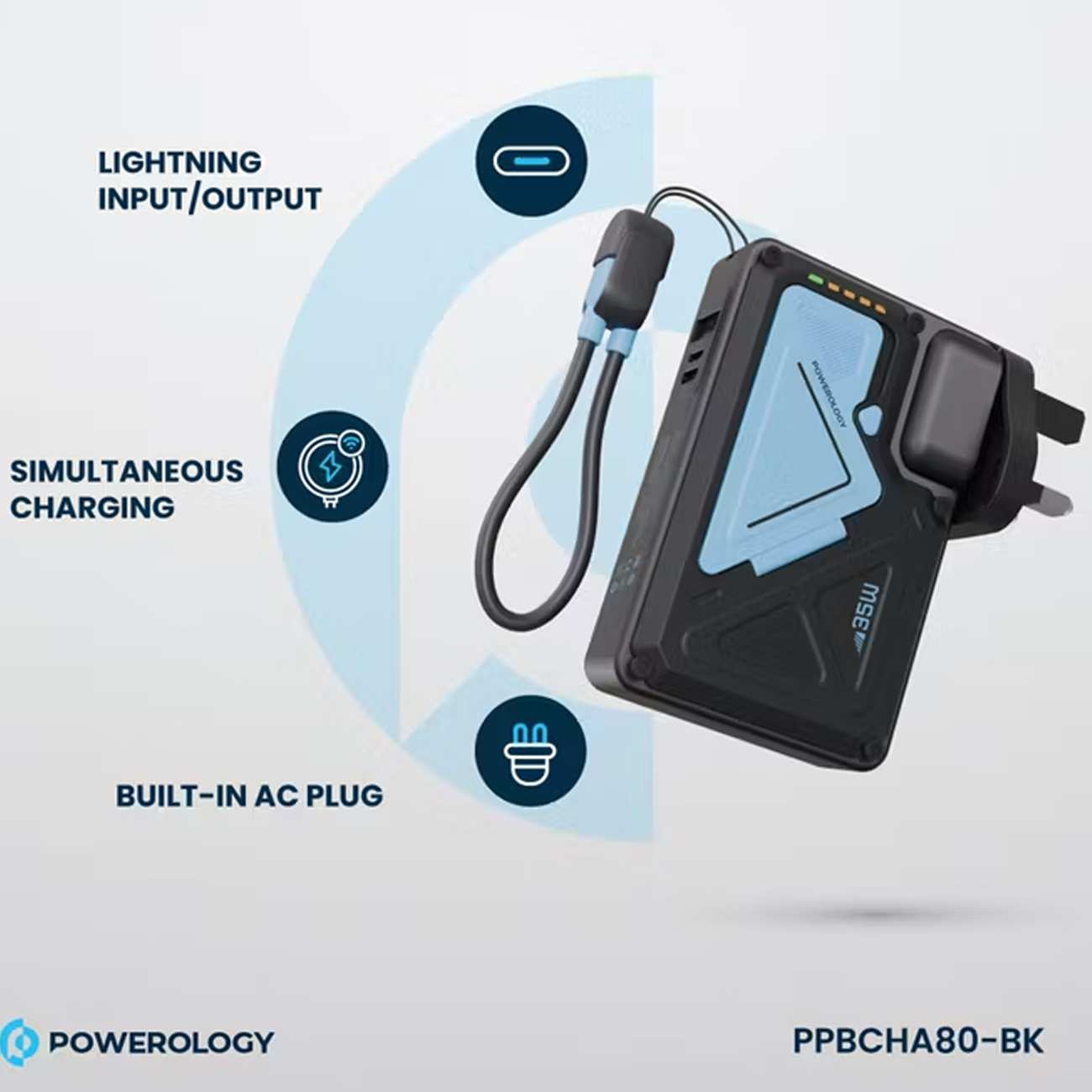 پاوربانک 10000 وایرلس و شارژر دیواری Type-C، USB و لایتنینگ فست شارژ 35 وات پاورولوژی Powerology PPBCHA80