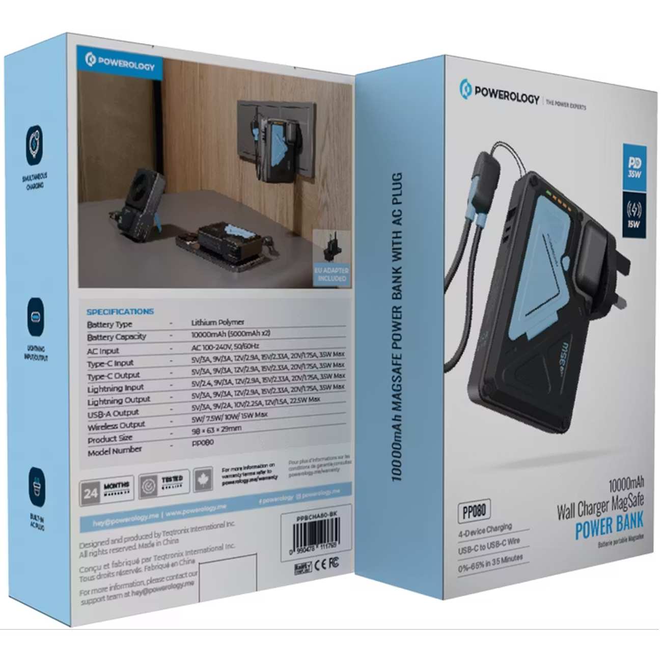 پاوربانک 10000 وایرلس و شارژر دیواری Type-C، USB و لایتنینگ فست شارژ 35 وات پاورولوژی Powerology PPBCHA80