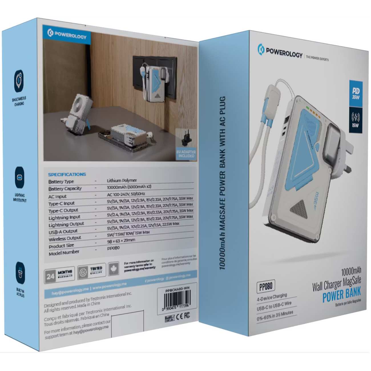 پاوربانک 10000 وایرلس و شارژر دیواری Type-C، USB و لایتنینگ فست شارژ 35 وات پاورولوژی Powerology PPBCHA80