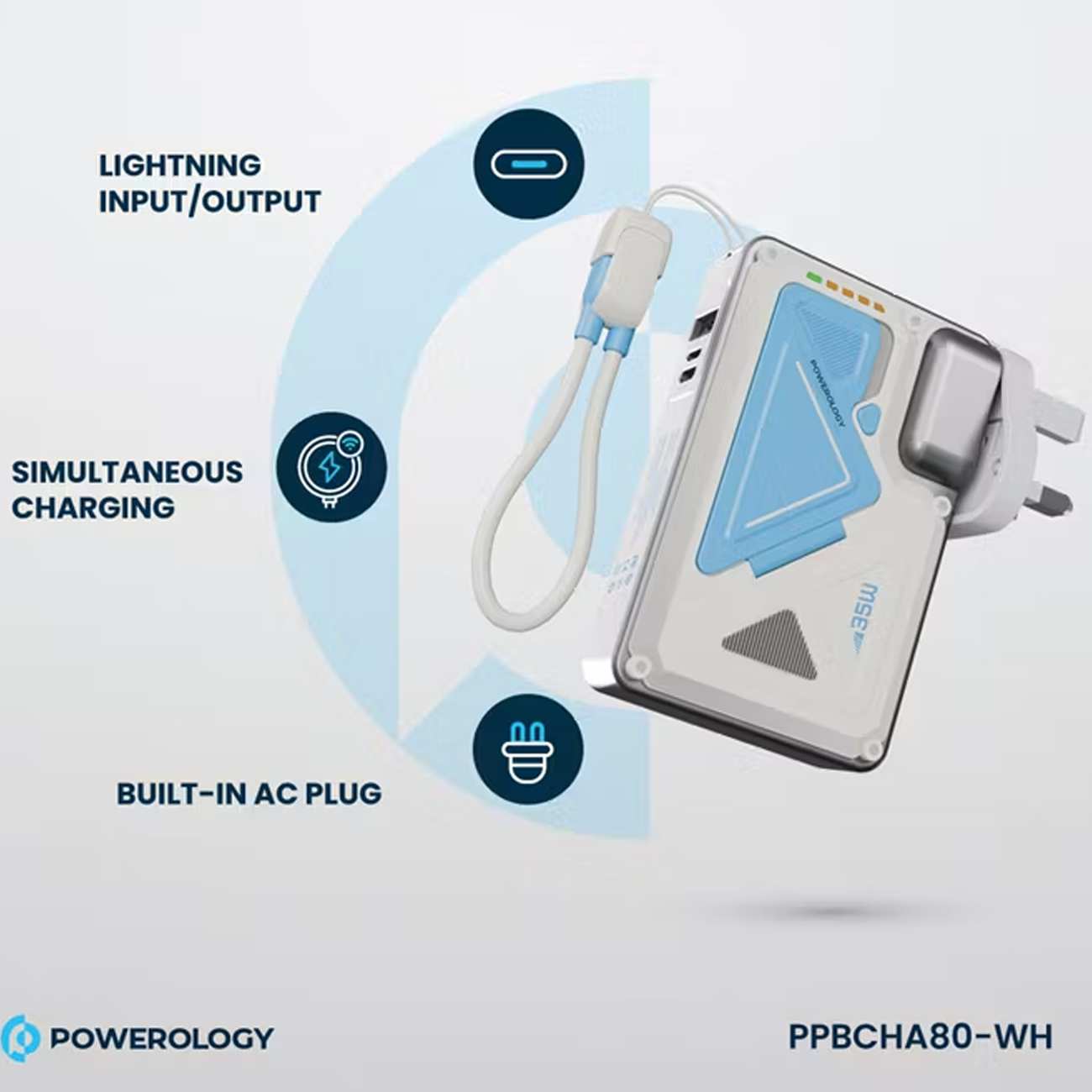 پاوربانک 10000 وایرلس و شارژر دیواری Type-C، USB و لایتنینگ فست شارژ 35 وات پاورولوژی Powerology PPBCHA80