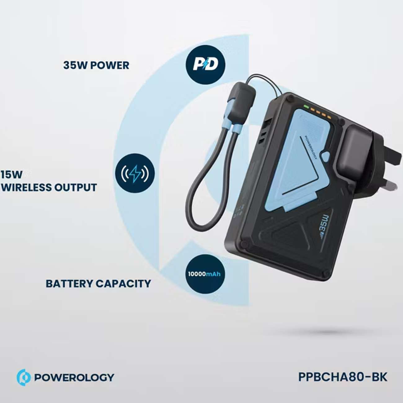 پاوربانک 10000 وایرلس و شارژر دیواری Type-C، USB و لایتنینگ فست شارژ 35 وات پاورولوژی Powerology PPBCHA80