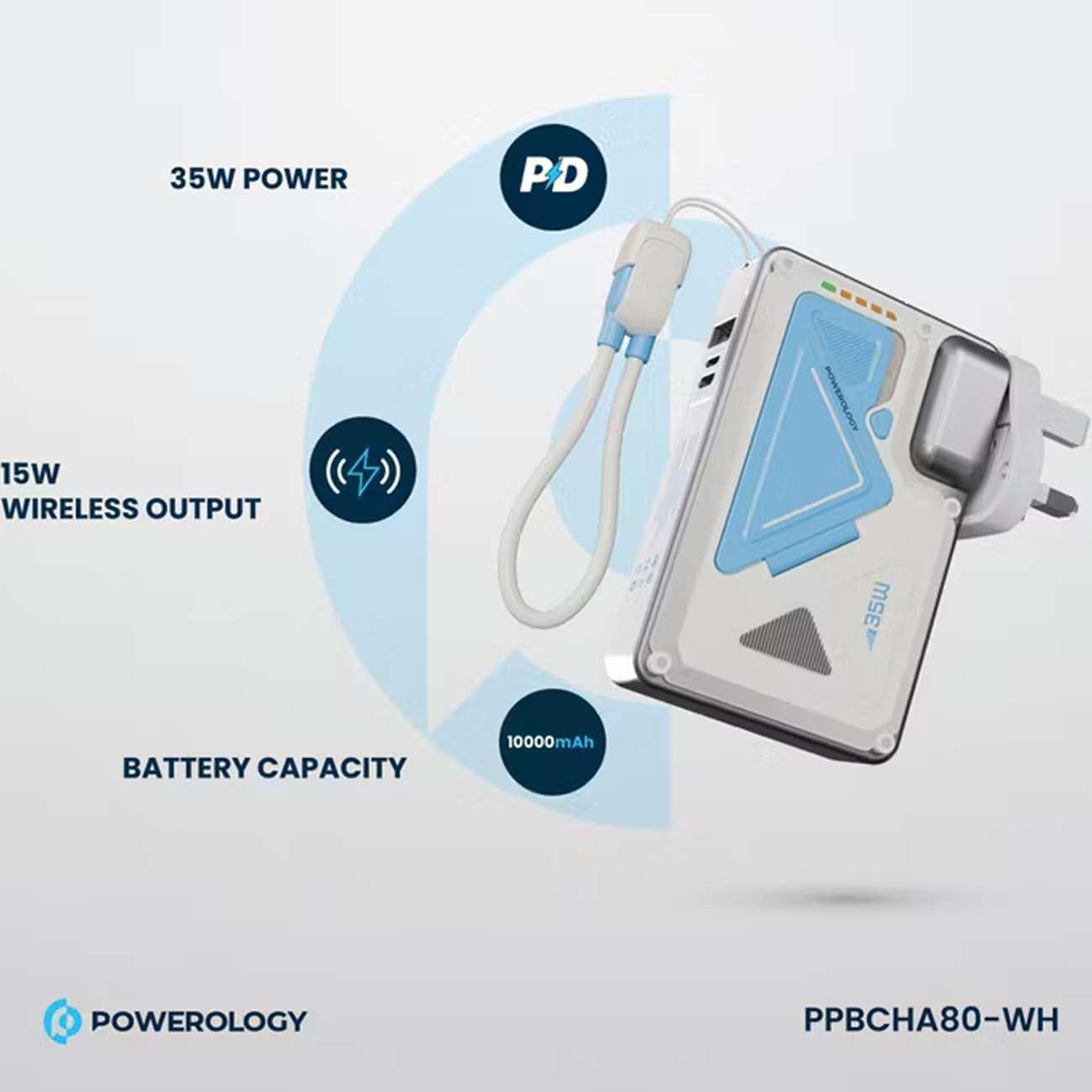 پاوربانک 10000 وایرلس و شارژر دیواری Type-C، USB و لایتنینگ فست شارژ 35 وات پاورولوژی Powerology PPBCHA80