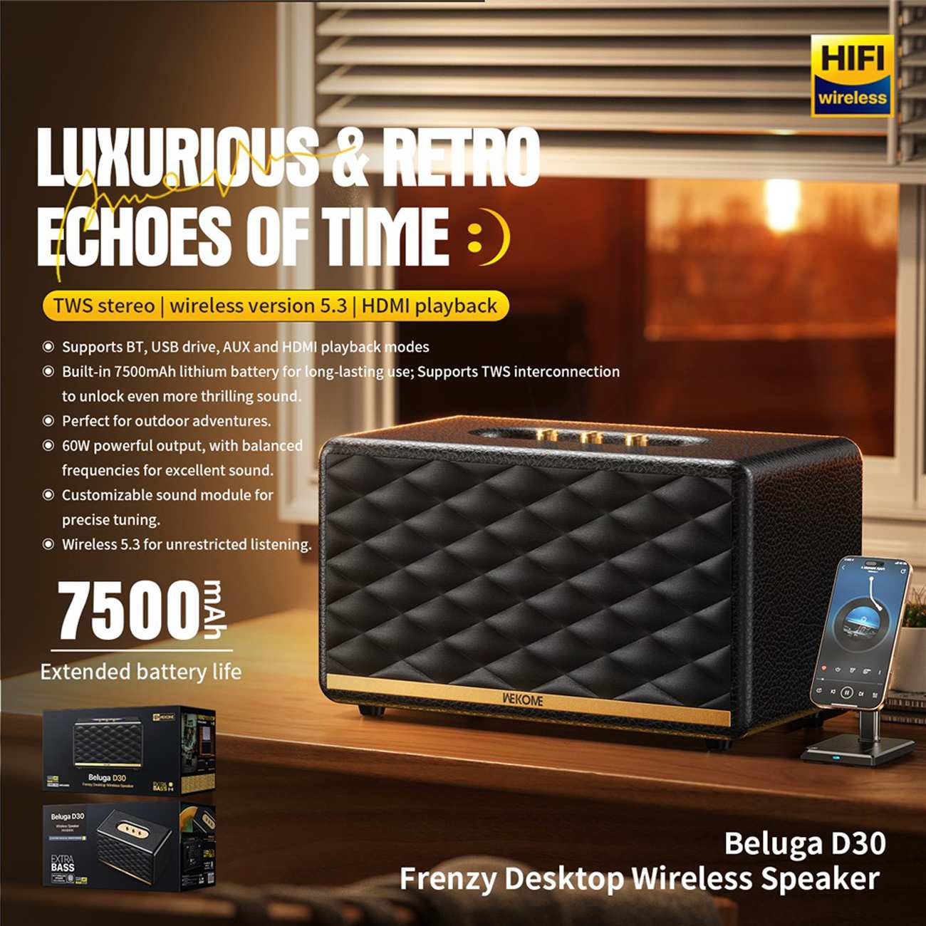 اسپیکر بلوتوثی شارژی رومیزی بلوگا وِکومی WEKOME Beluga D30