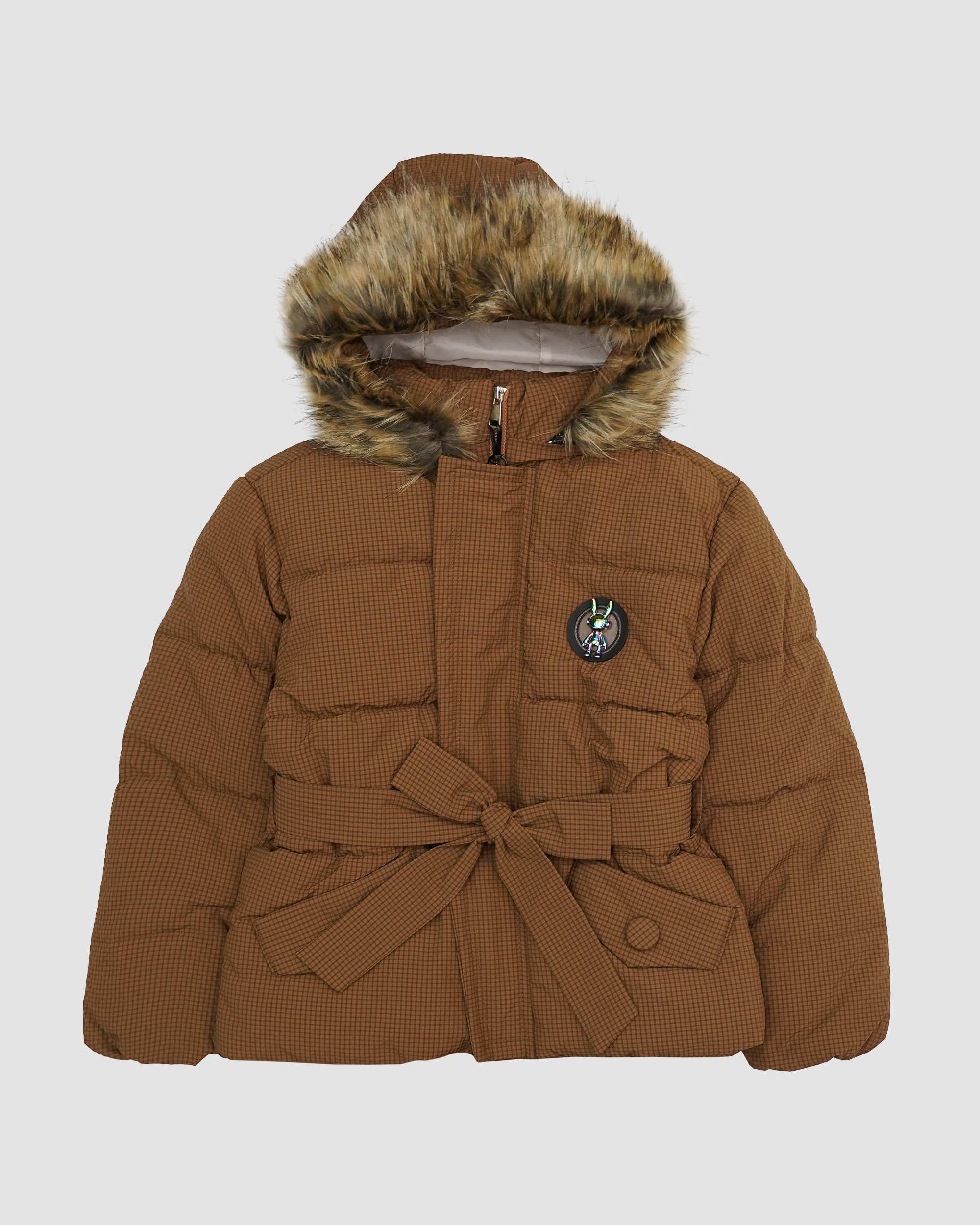 کاپشن دخترانه کلاه خزدار کمربنددار قهوه ای بانی نو