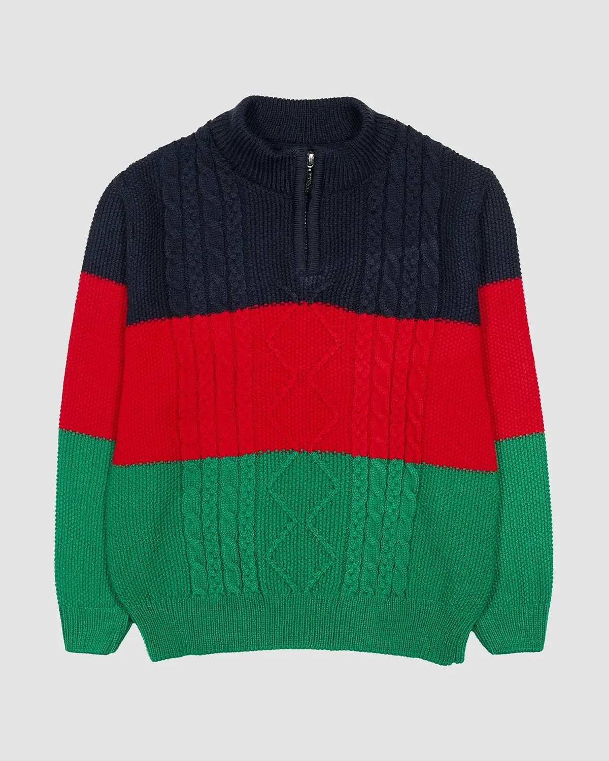 پلیور بافت پسرانه بانی نو طرح راه راه پهن سبز قرمز سورمه ای