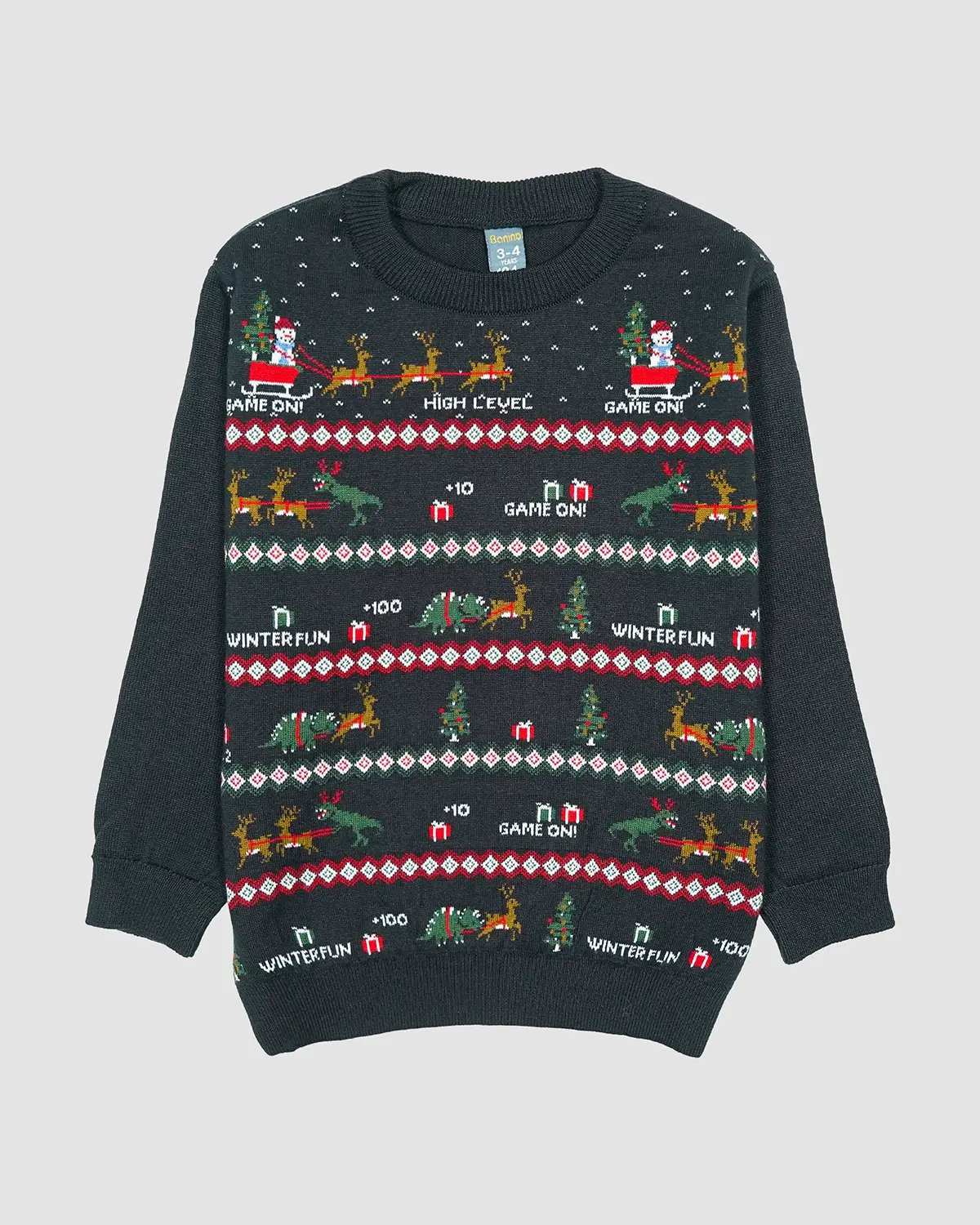 پلیور بافت پسرانه بانی نو طرح یقه گرد سورتمه مشکی