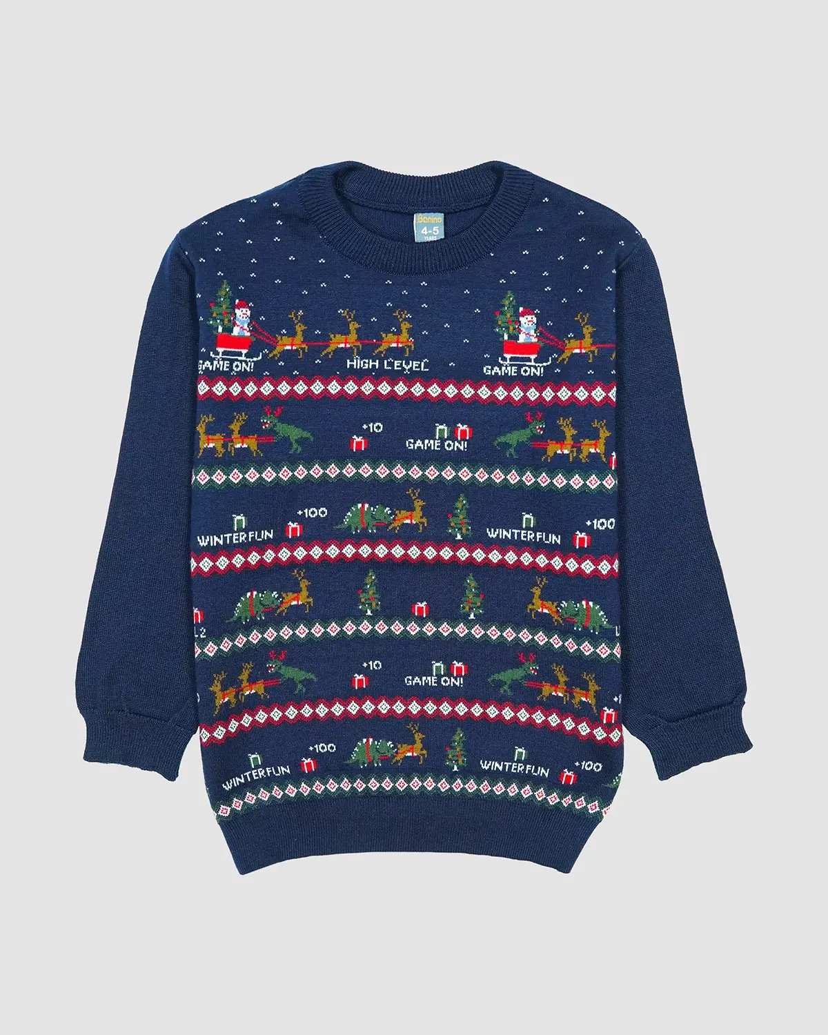 پلیور بافت پسرانه بانی نو طرح یقه گرد سورتمه سرمه ای