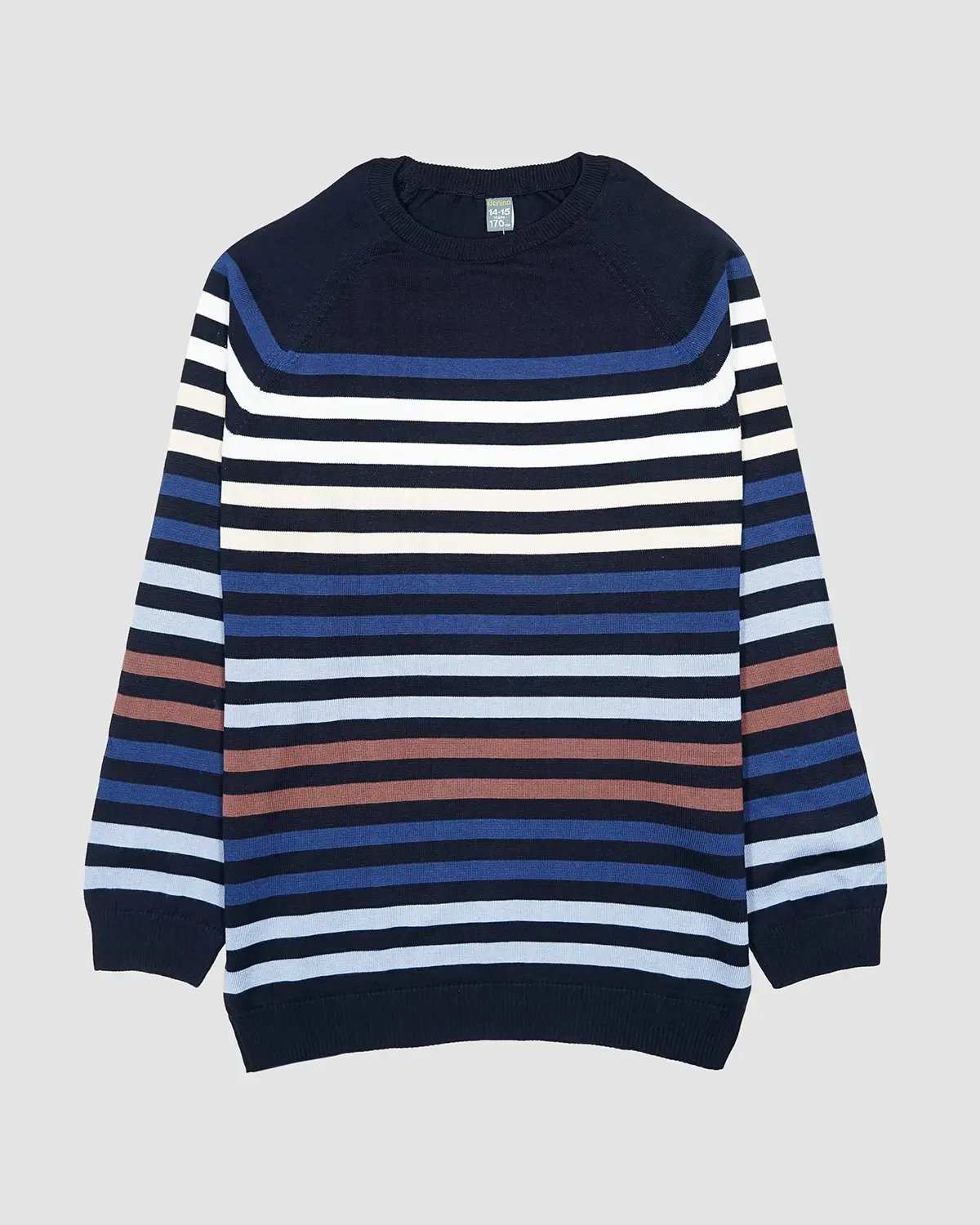 پلیور بافت پسرانه بانی نو طرح یقه گرد راه راه سرمه ای