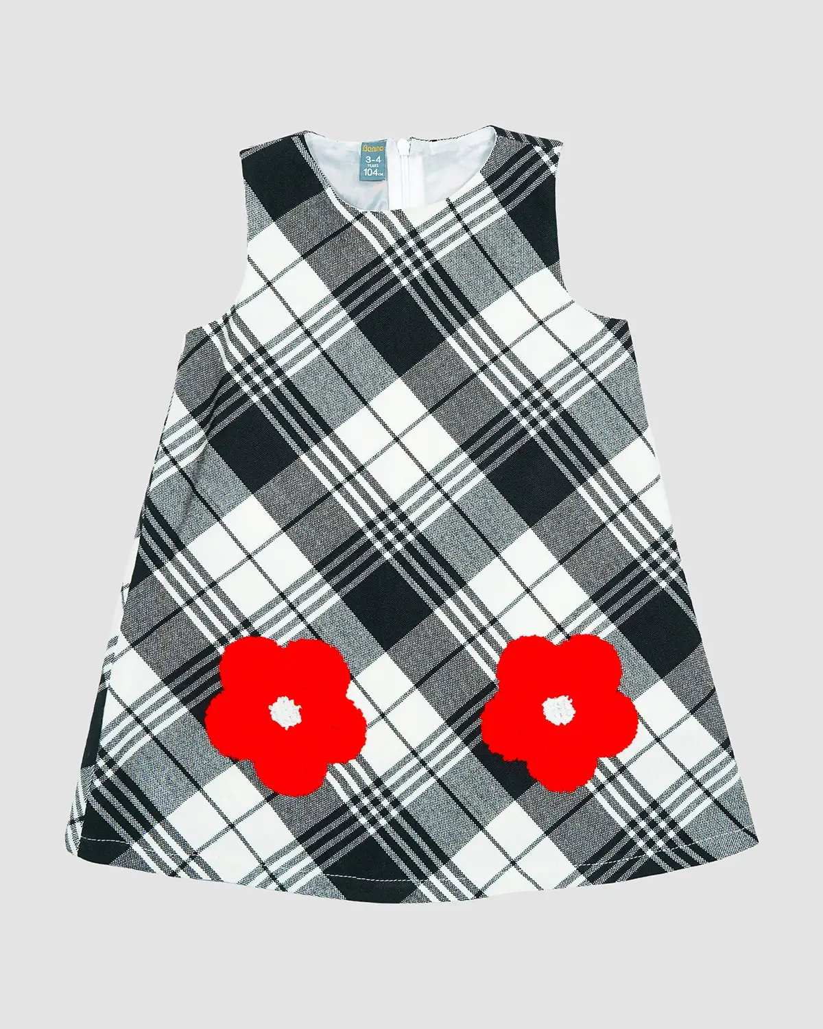 پیراهن دخترانه بانی نو طرح چهارخانه دو گل مشکی سفید