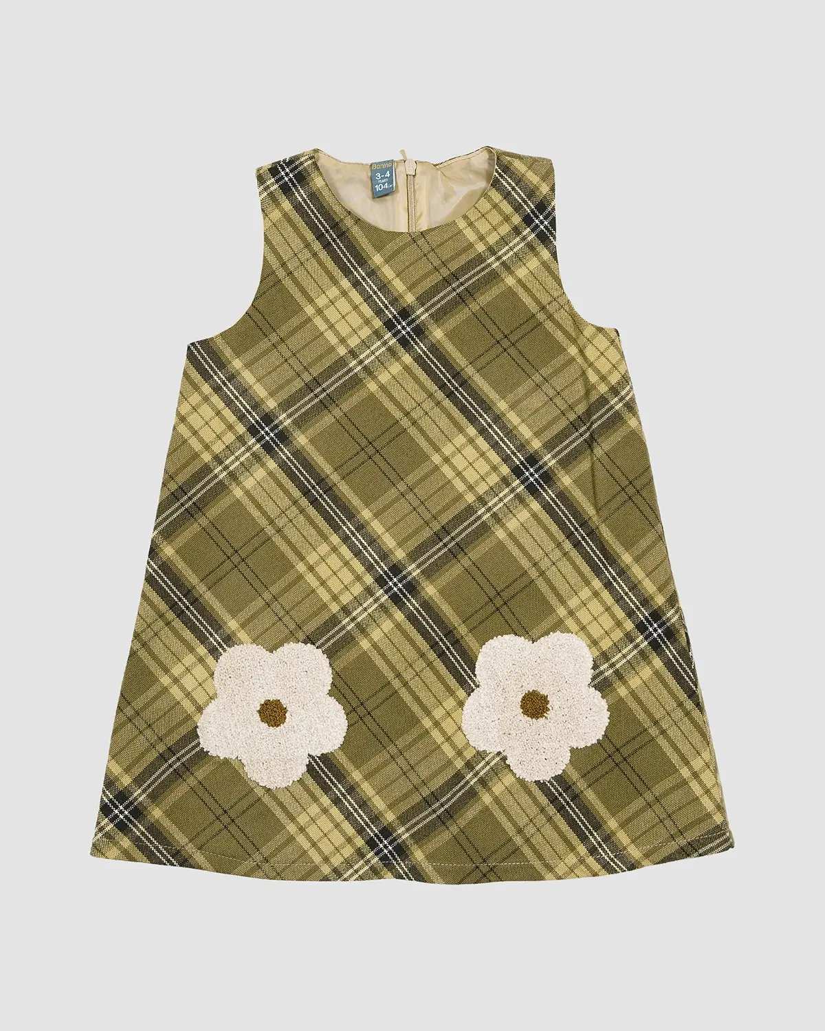 پیراهن دخترانه بانی نو طرح چهارخانه دو گل کرم قهوه ای