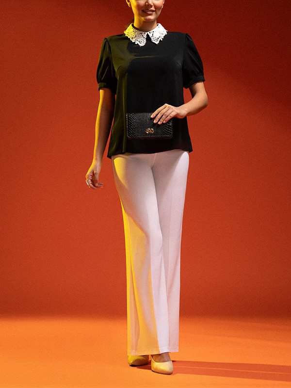 بلوز زنانه آستین کوتاه پفی الیزه یقه گیپور کلاسیک شارلوت برنس Bornos