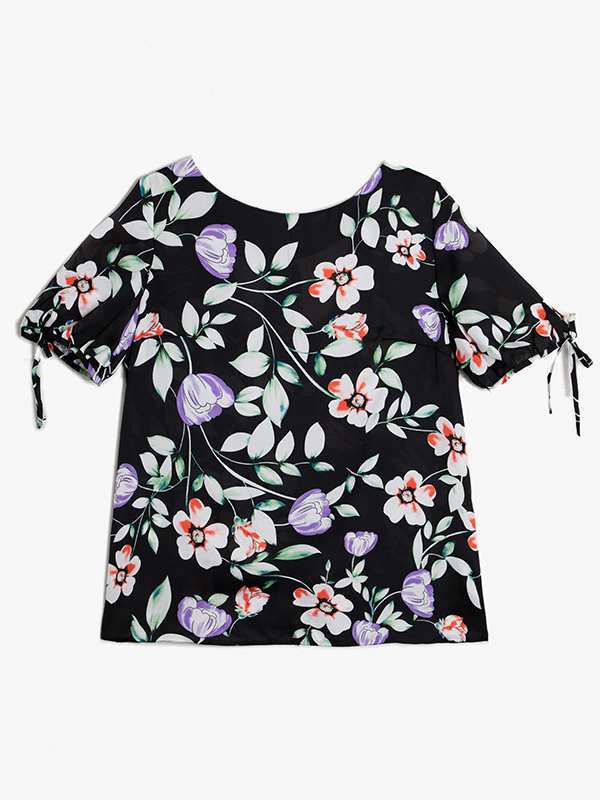 بلوز زنانه آستین پفی کوتاه کرپ ساتن یقه گرد کژوال کمند برنس Bornos