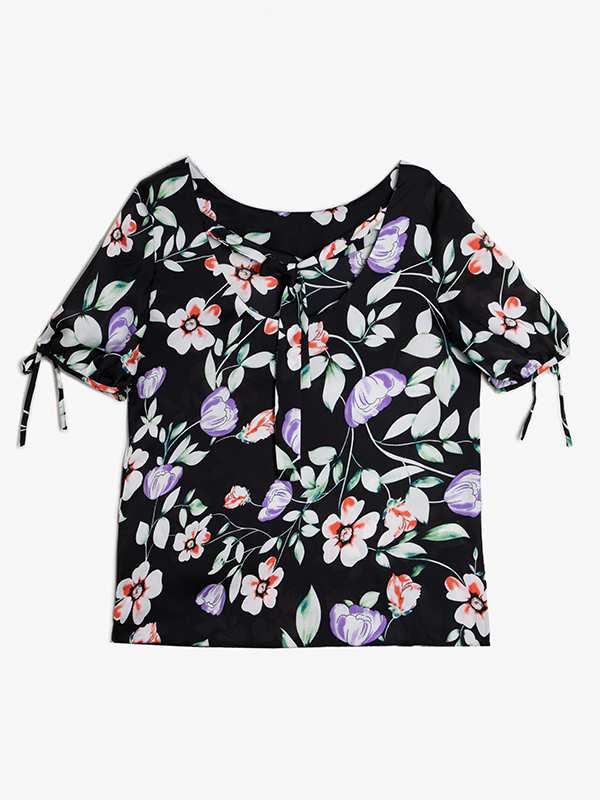 بلوز زنانه آستین پفی کوتاه کرپ ساتن یقه گرد کژوال کمند برنس Bornos