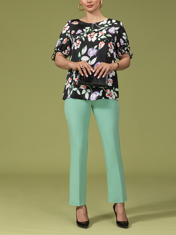 بلوز زنانه آستین پفی کوتاه کرپ ساتن یقه گرد کژوال کمند برنس Bornos