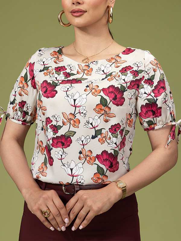 بلوز زنانه آستین پفی کوتاه کرپ ساتن یقه گرد کژوال کمند برنس Bornos