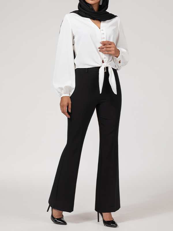 شلوار زنانه کرپ دمپا گشاد کلاسیک دارای کمربند 10104 برنس